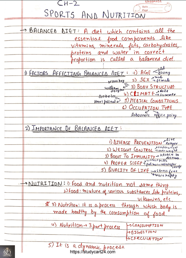  Chapter 2 Sports and Nutrition Handwritten Notes pdf Class 12th NCERT