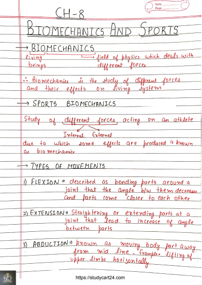 Chapter 8: Biomechanics and Sports Class 12th Physical Education Handwritten Notes PDF