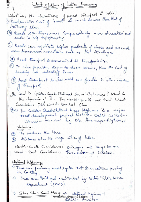 Class 10 Geography Chapter 12 Notes: Lifelines of National Economy