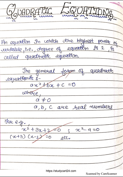 Quadratic Equations Maths handwritten notes